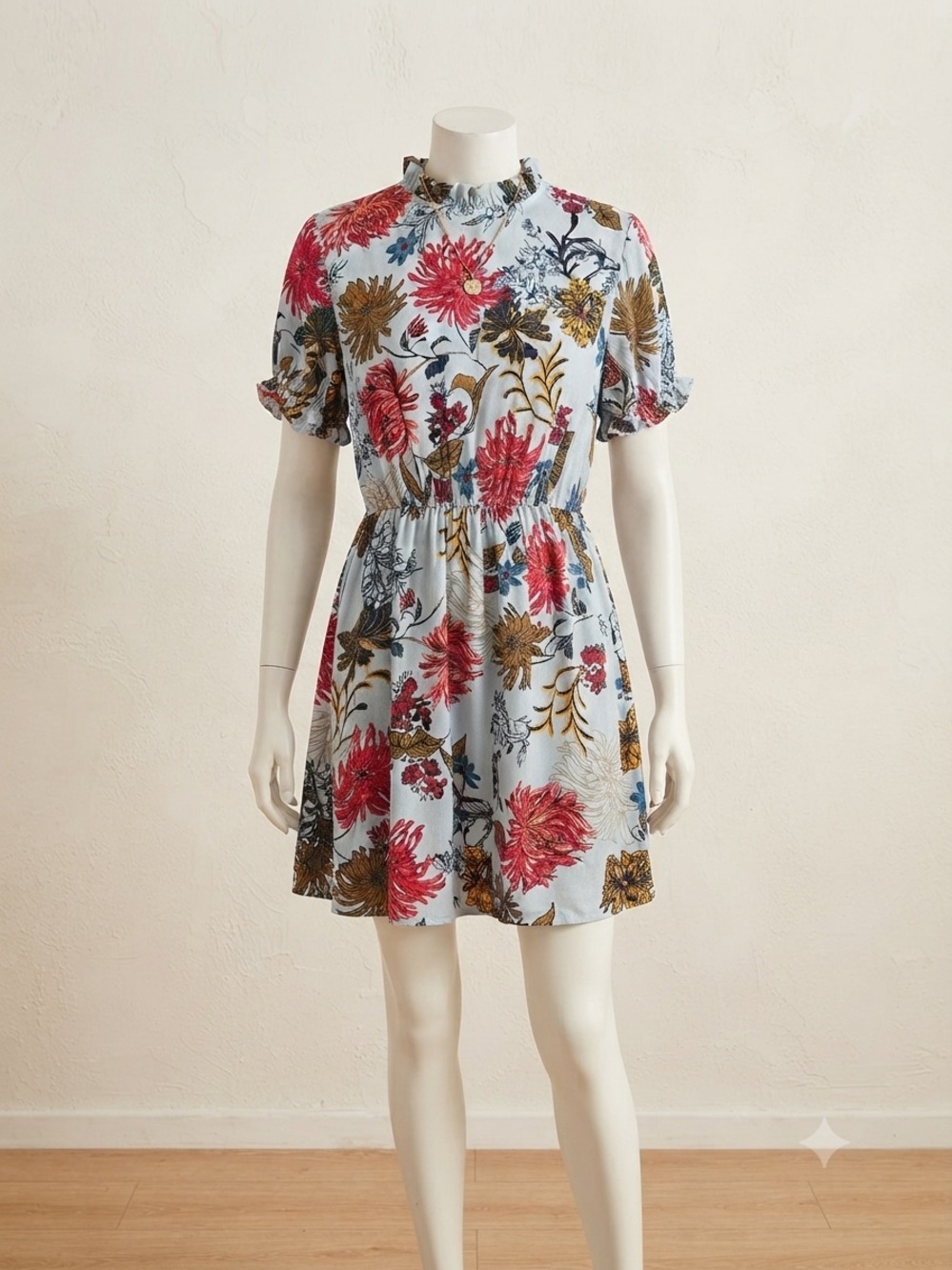 SHEIN Light Blue Floral Midi Dress with Pink & Brown Blossoms size small